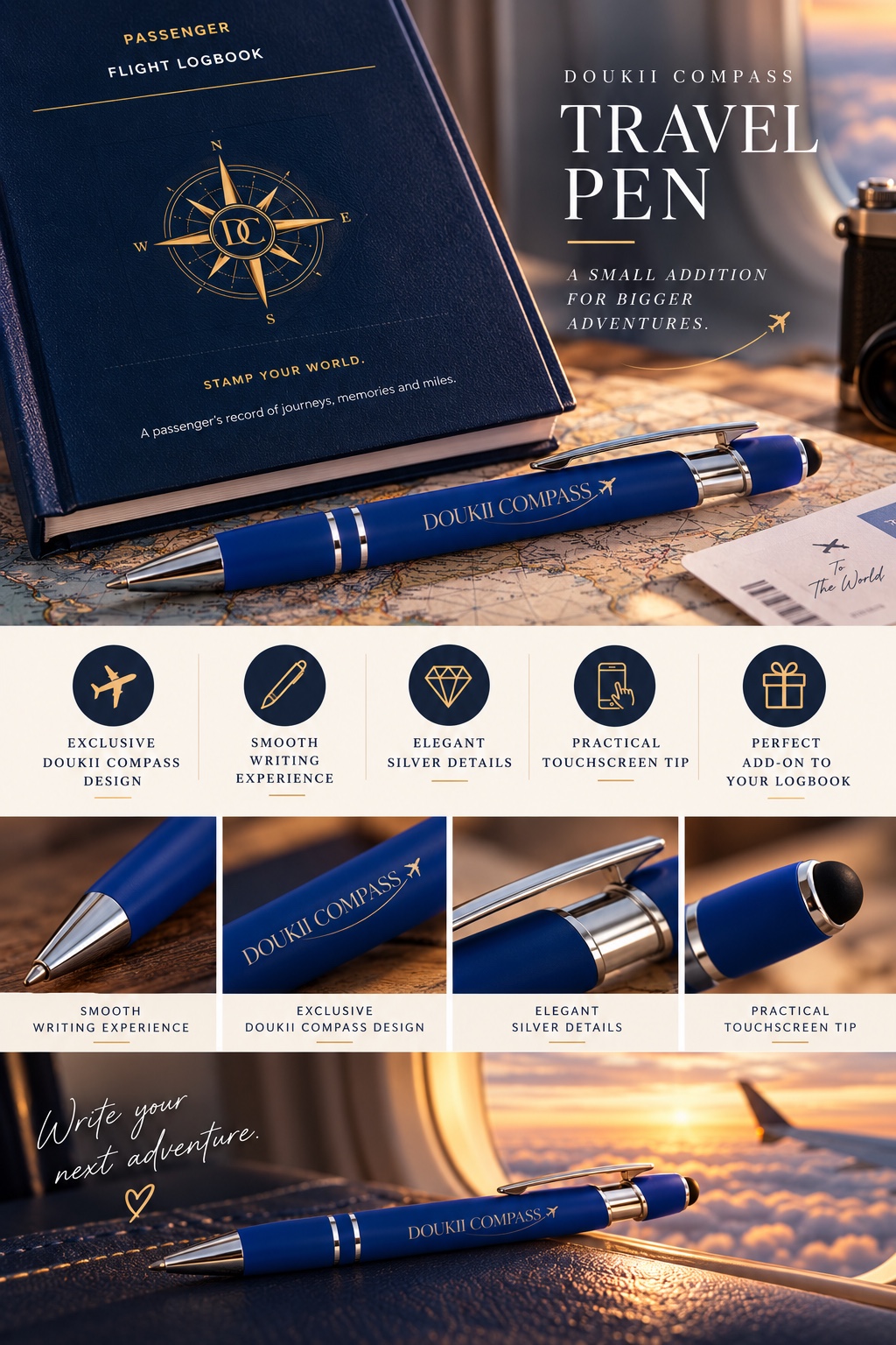 Doukii Compass Travel Pen design preview showing the blue pen, silver details and touchscreen tip